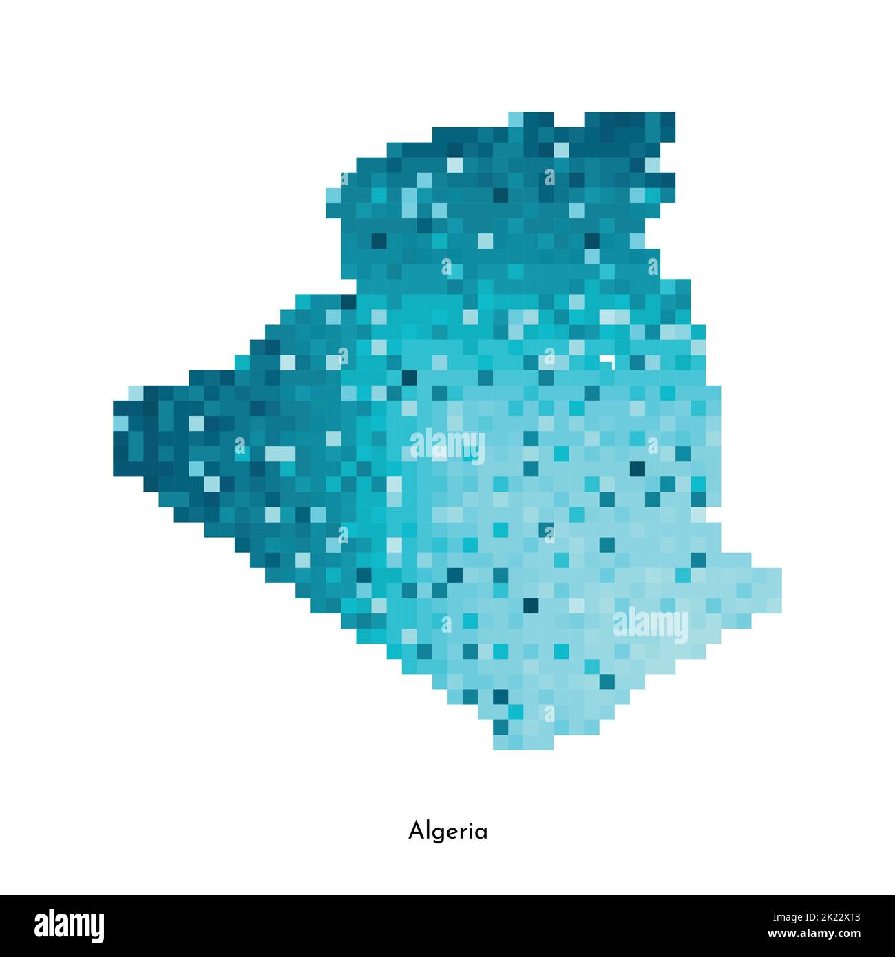 Vector ilustración geométrica aislada con silueta azul helada simplificada del mapa de Argelia. Estilo gráfico de píxel para plantilla NFT. Logotipo punteado con degradado Ilustración del Vector