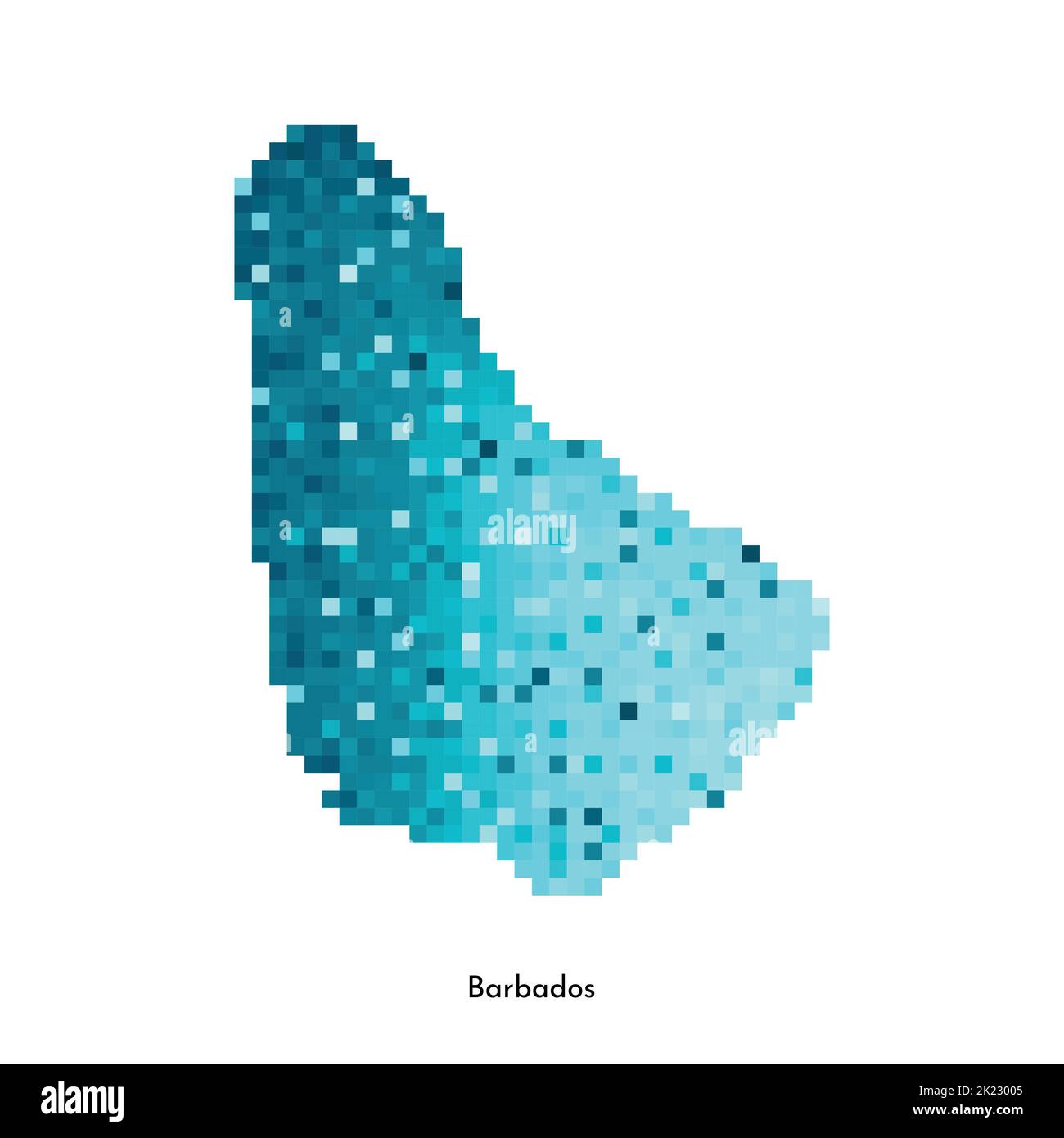 Vector ilustración geométrica aislada con silueta simplificada azul helado del mapa de Barbados. Estilo gráfico de píxel para plantilla NFT. Logotipo punteado con gradien Ilustración del Vector