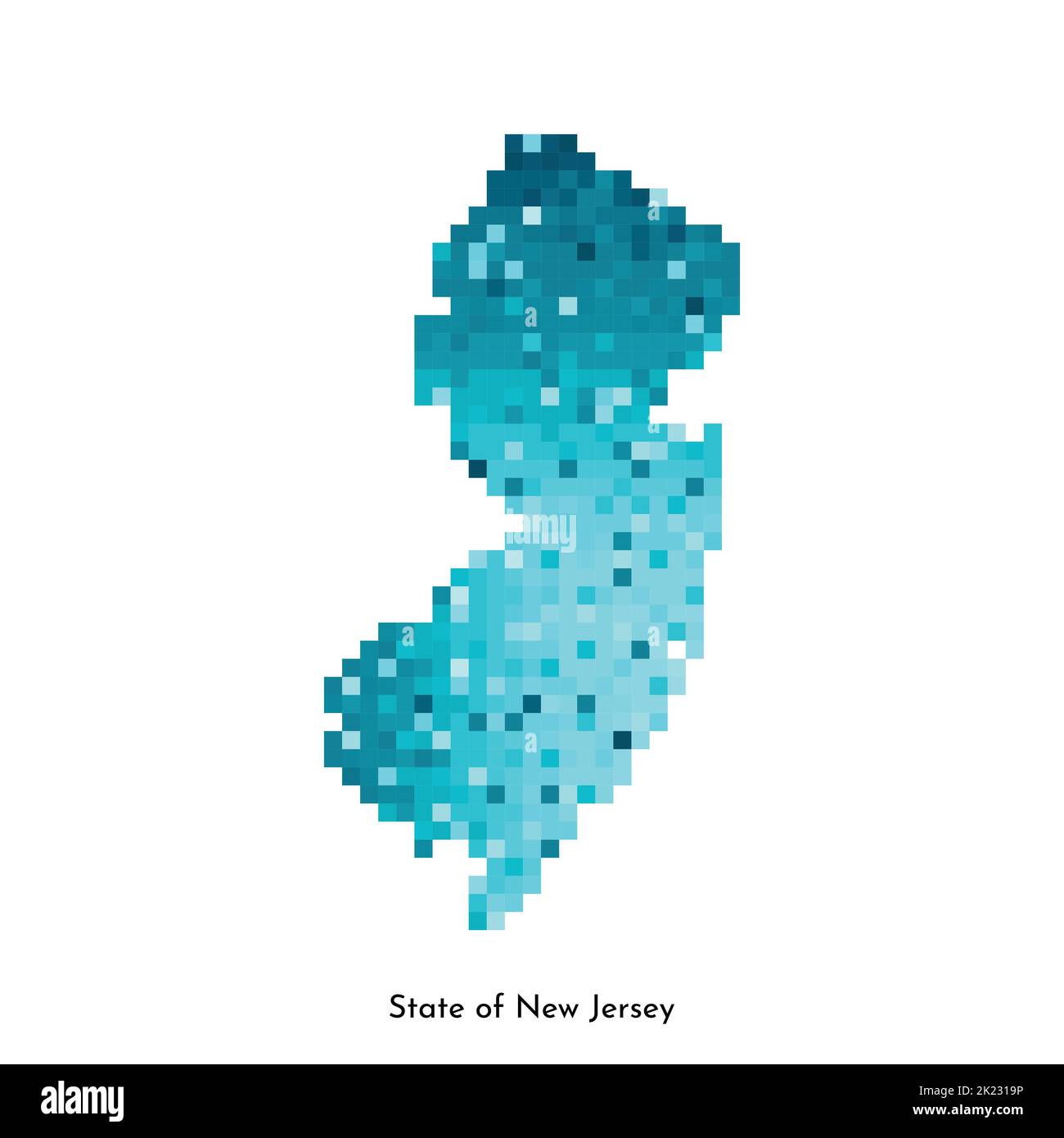 Vector ilustración geométrica aislada con área azul helada de mapa de EE.UU. - Estado de Nueva Jersey. Estilo gráfico de píxel para plantilla NFT. Logotipo colorido sencillo con Ilustración del Vector