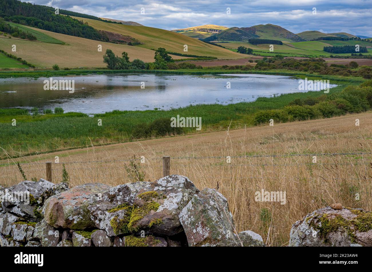 KIRK Yetholm, Scottish Borders, Reino Unido: Vista a través del lago Yetholm mirando hacia los Cheviots Foto de stock