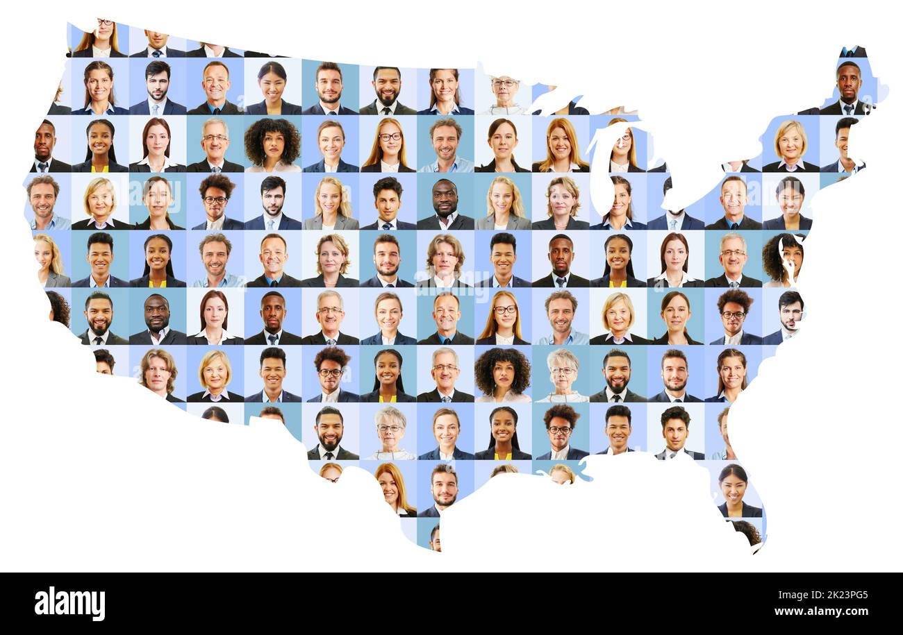 Collage con muchas personas de negocios diferentes en el mapa de EE.UU. Como concepto de negocio Foto de stock