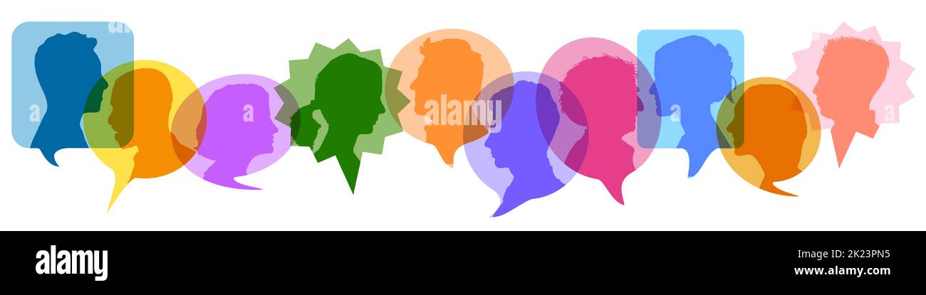 Muchas burbujas de voz coloridas con cabezas como concepto de comunicación y diálogo Foto de stock