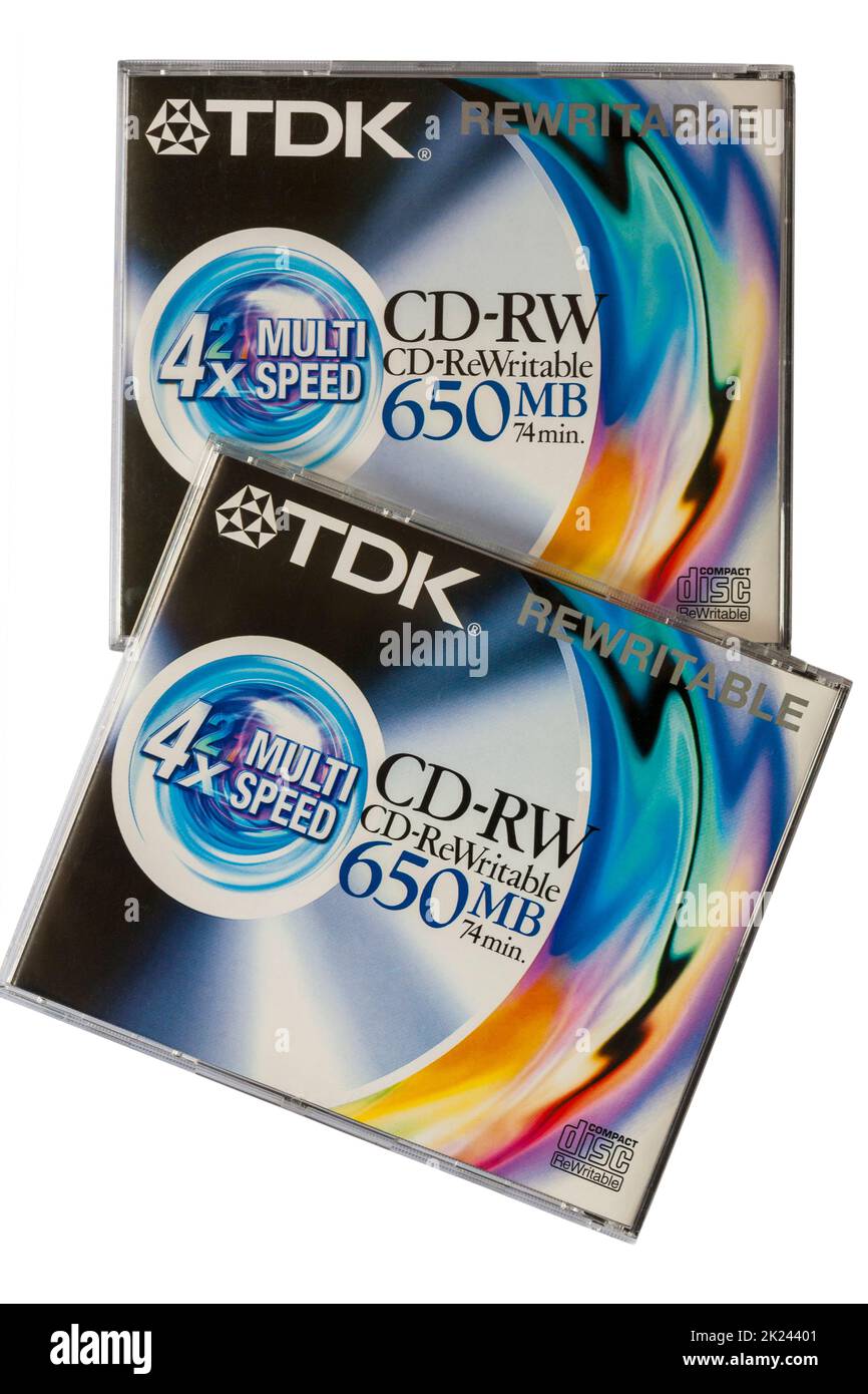 CD-RW regrabable TDK CD regrabable de 650MB 74 min. Aislado sobre fondo blanco Foto de stock