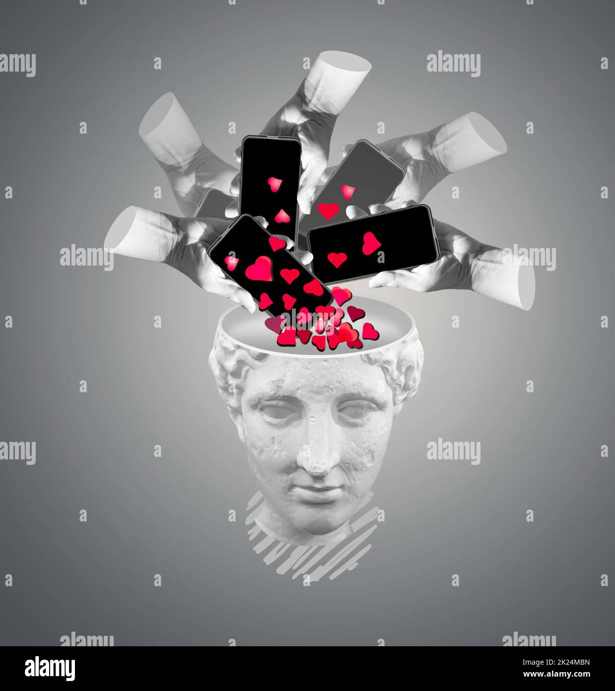 aparato moderno y estatua clásica. Manos estéticas sobre fondo