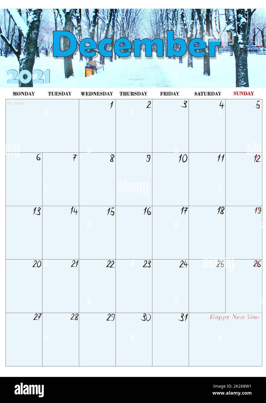 Calendario para el 2021 de diciembre con foto del parque de invierno. Planificador de casas Foto de stock