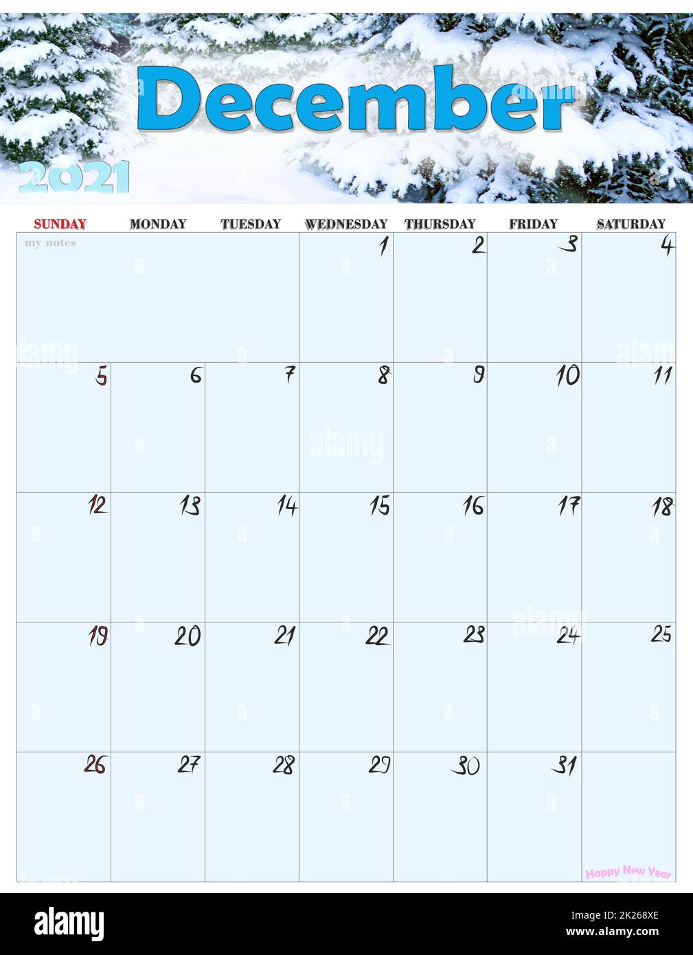 Calendario para el 2021 de diciembre con foto del parque de invierno. Planificador de casas Foto de stock