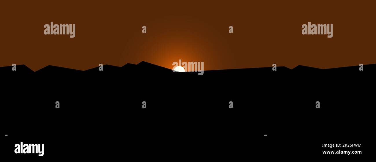 Montañas puesta de sol papel tapiz, sol detrás horizonte vector imagen. Paisaje natural crepúsculo, BG horizontal amplio, salida del sol en el desierto. Ilustración vectorial de fondo de color amortiguado Foto de stock