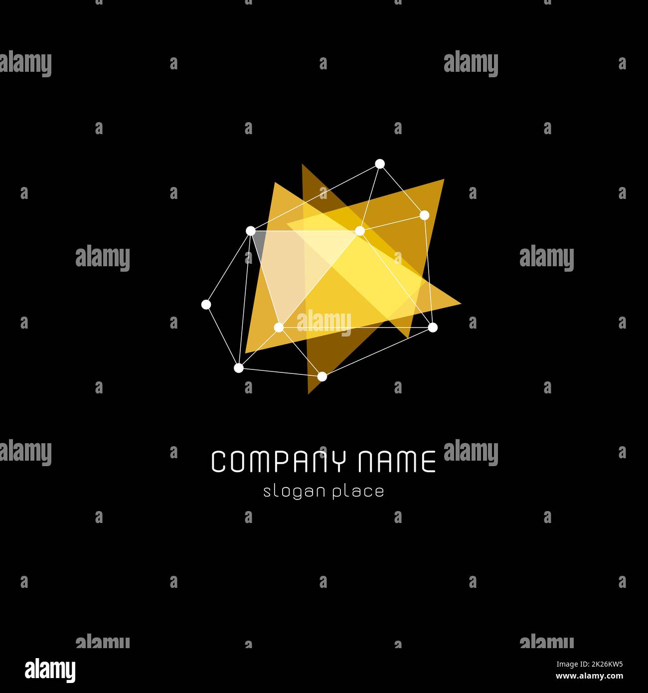 Logotipo vectorial aislado de triángulos abstractos traslúcidos. Logotipo de forma geométrica sobre fondo negro. Ilustración vectorial de polígonos brillantes de color amarillo. Foto de stock