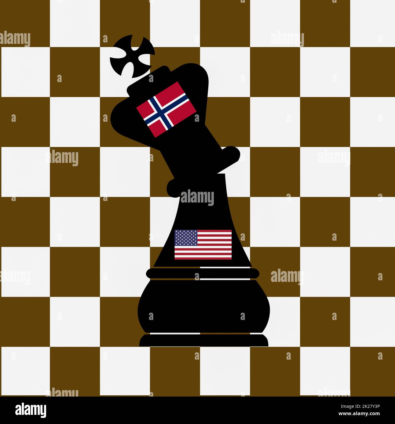 Magnus Carlsen, Hans Niemann Chess engañando concepto de fila. Banderas de Noruega y EE.UU. Foto de stock
