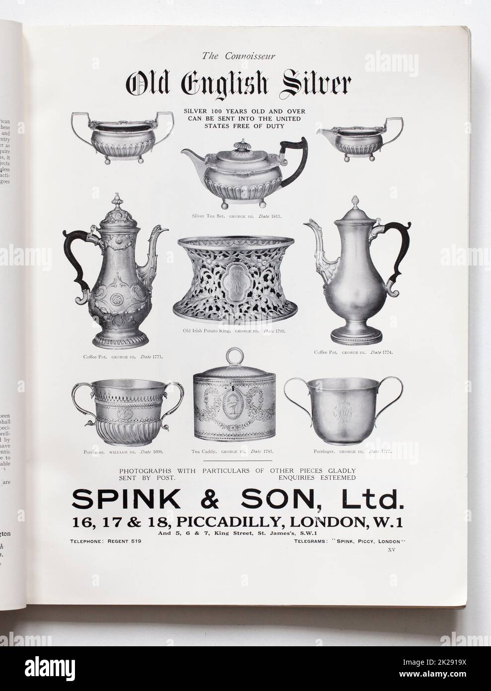 Anuncio de Old English Silver de Spink and Son en la revista Connoisseur Foto de stock