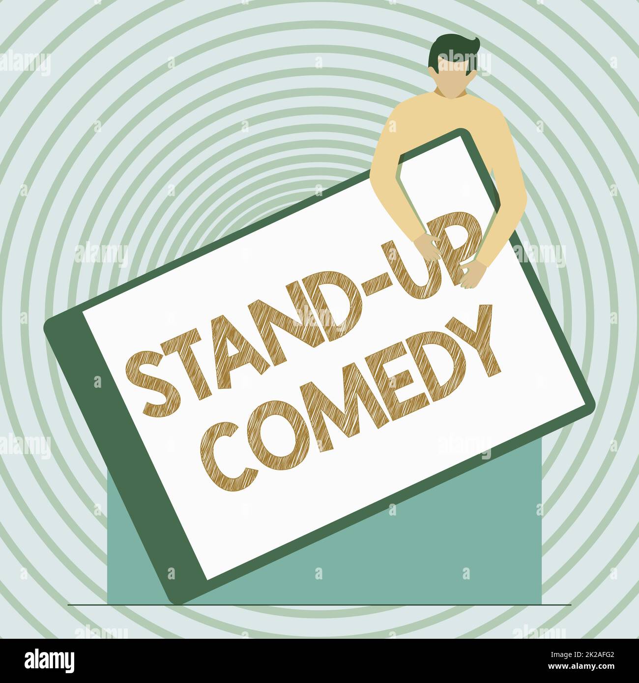 Presentación conceptual Stand Up Comedy. Concepto Significado comediante hablando frente al público en directo Gentleman Drawing sosteniendo Un enorme portapapeles en blanco. Foto de stock