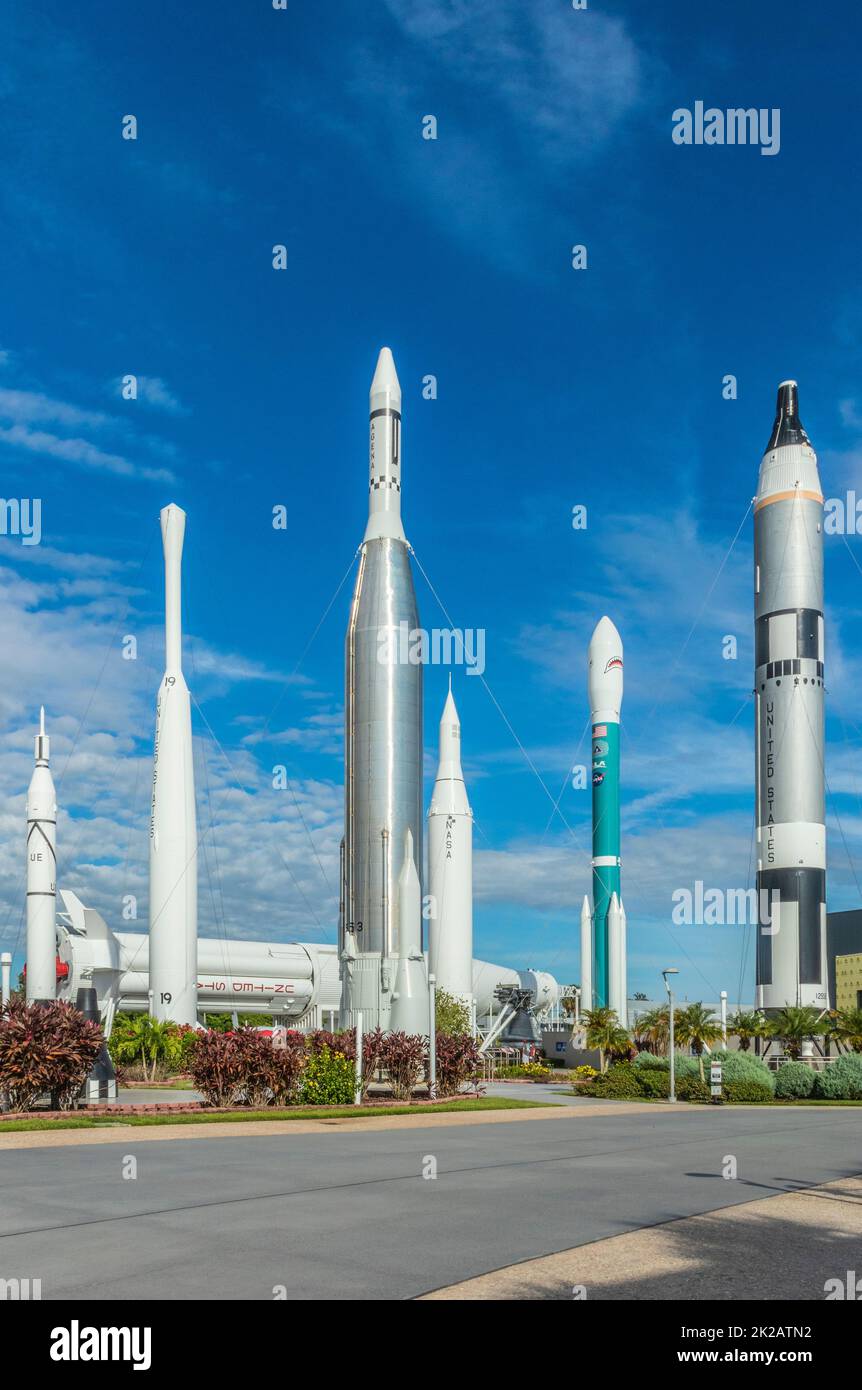 'Jardín Rocket' en el Complejo para Visitantes del Centro Espacial Kennedy en Florida. Foto de stock