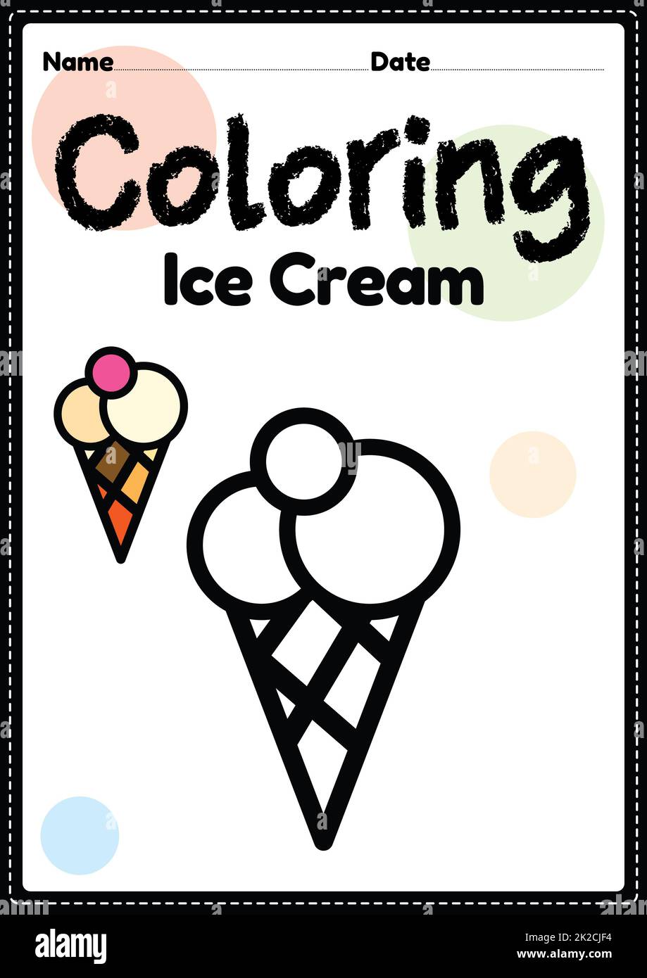 Hoja de dibujo de la página para colorear el helado para niños de preescolar,  kindergarten y Montessori para practicar actividades de colorear para  desarrollar creatividad, enfoque y habilidades motoras Fotografía de stock -