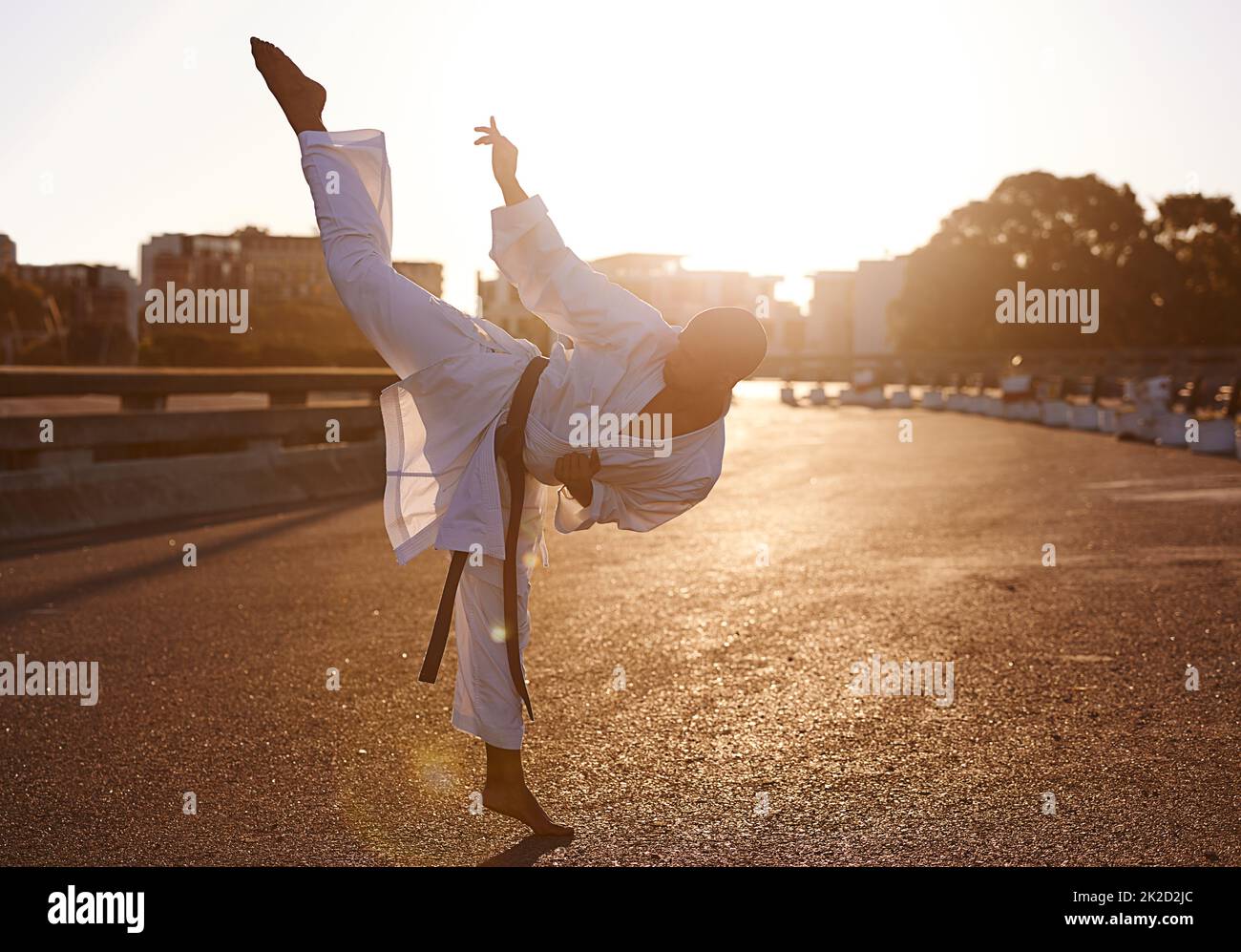 Hiiyah High kick. Un joven profesional de karate practicando mientras llevaba un gi. Foto de stock