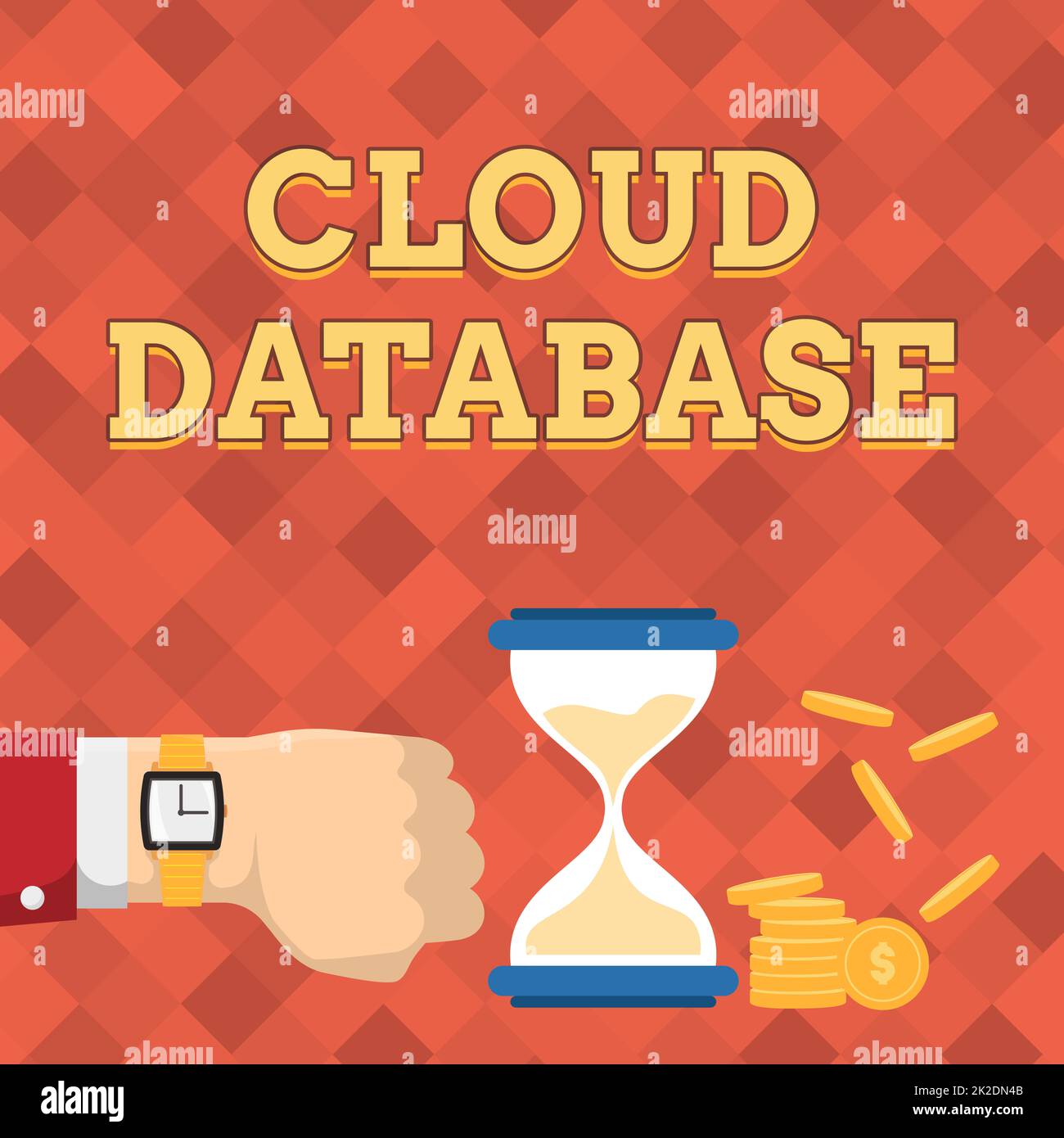 Firma de escritura manual Base de datos en la nube. Fotografía conceptual optimizada o creada para un empresario de entorno informático virtualizado utilizando un reloj de pulsera que muestra el reloj de arena indicando medidas valiosas. Foto de stock