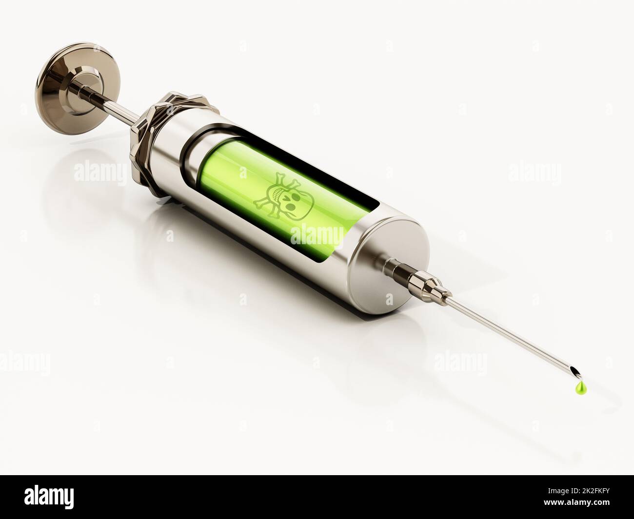 Sustancia verde en jeringa de hierro retro con símbolo de veneno