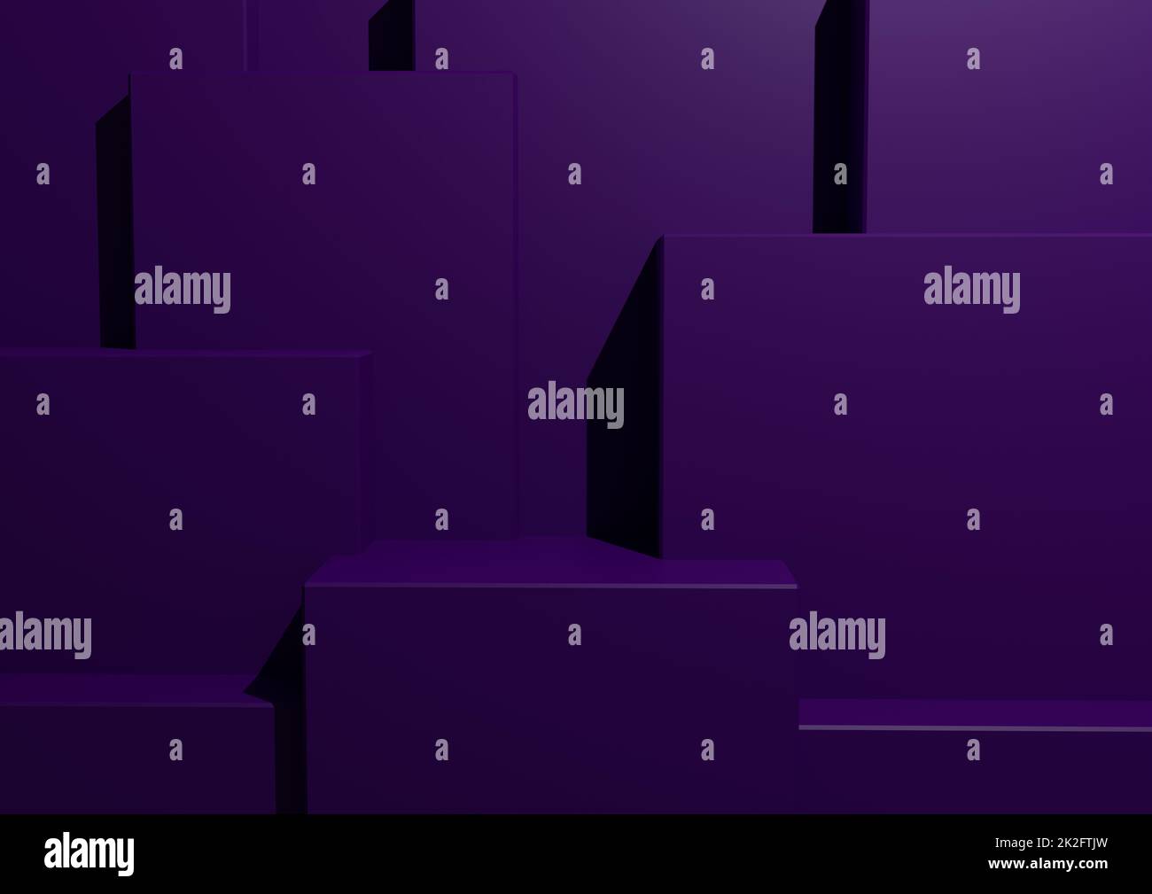Fondo violeta oscuro mínimo o morado 3D Studio Mockup Escena con podios y niveles para presentación y presentación del producto. Fondo de pantalla de arquitectura horizontal geométrica. Foto de stock