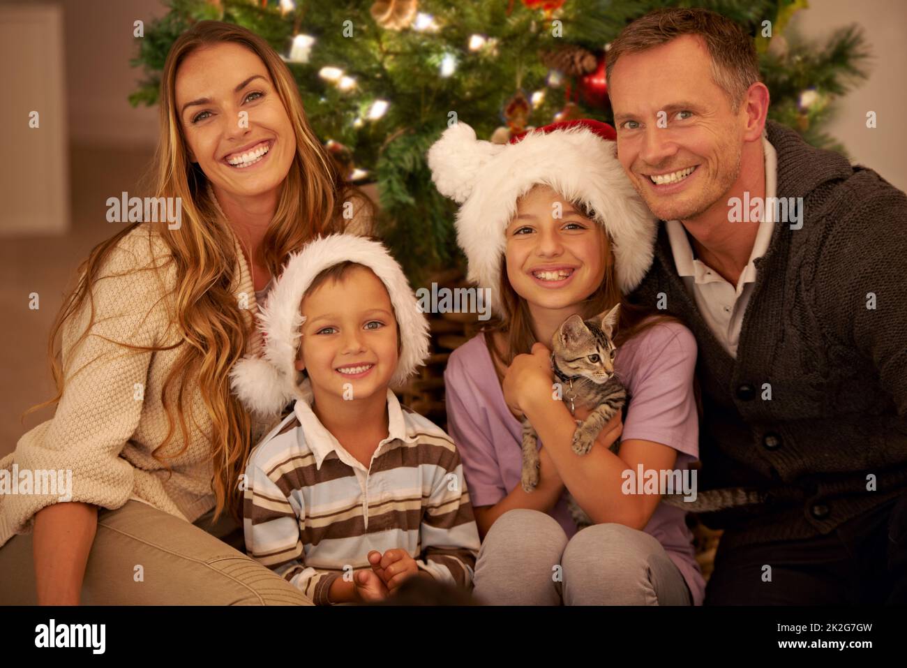 Es una Navidad familiar. Retrato de una joven familia feliz el día de Navidad. Foto de stock