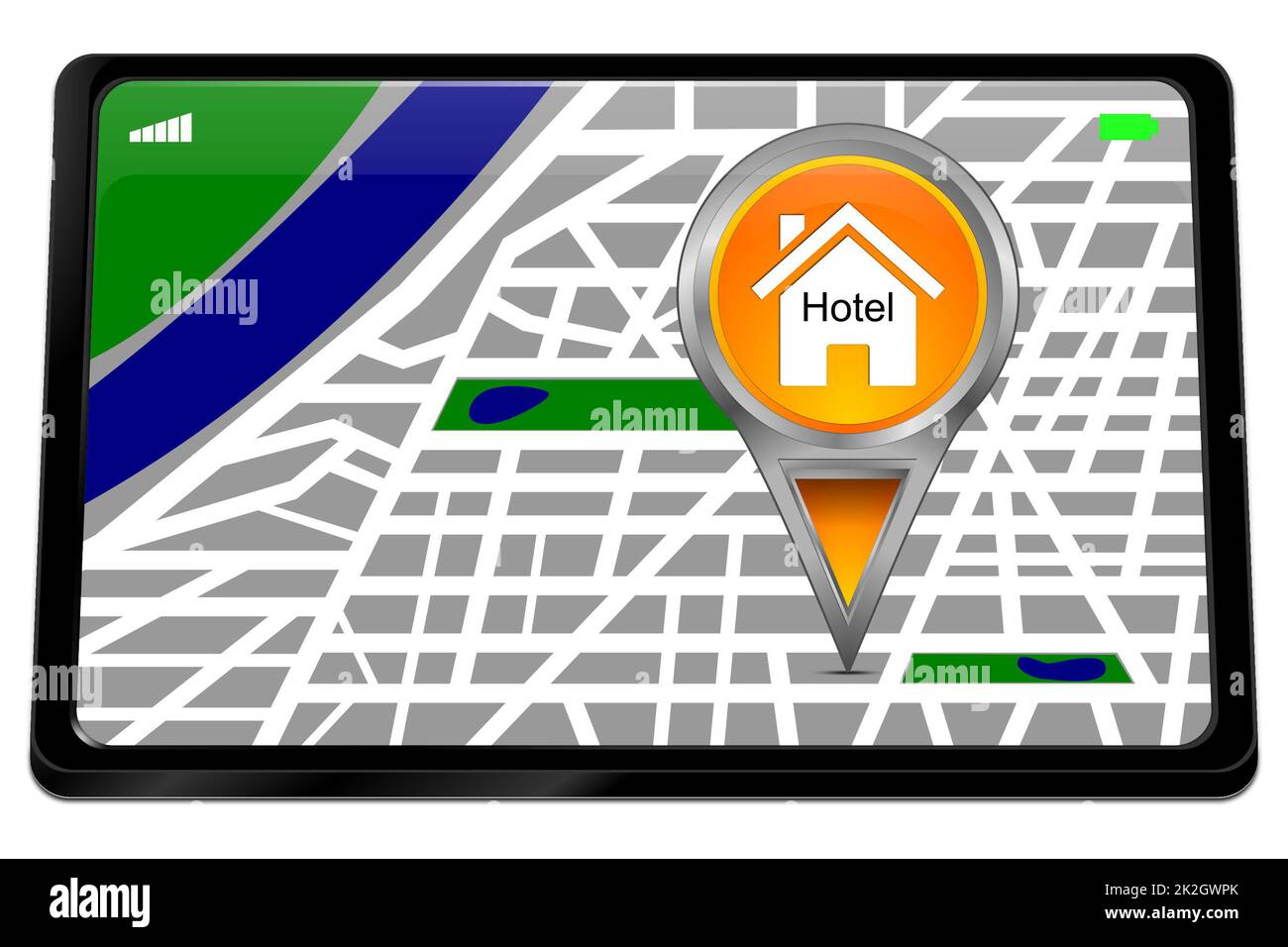Tablet PC con puntero naranja del Mapa del hotel: Ilustración 3D Foto de stock