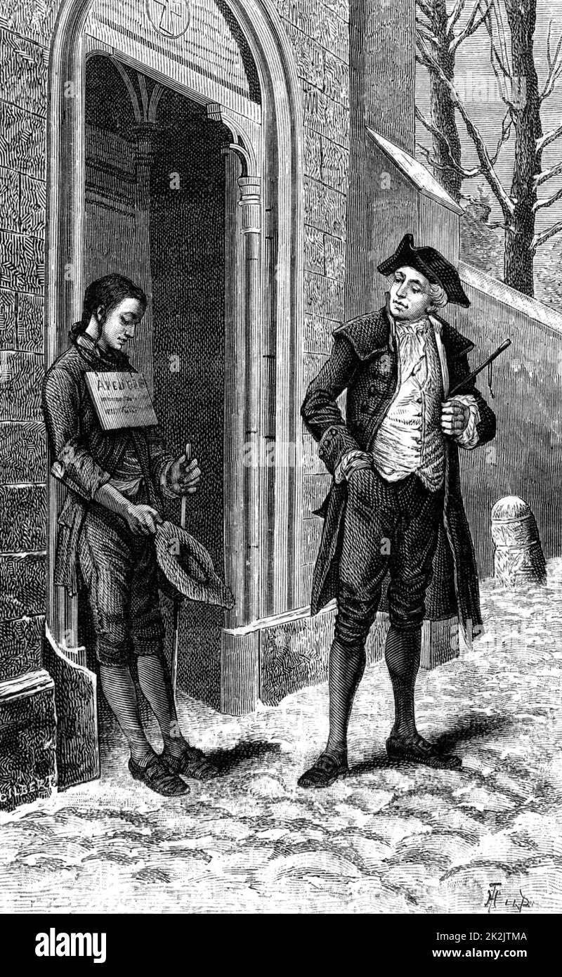 Valentín Hauy (1745-1822) pedagogo francés, limosna a un mendigo ciego. Hauy dedicó la mayor parte de su vida a la educación de las personas ciegas, la apertura de una escuela para ciegos en París en 1784. En "Le Journal de la Jeunesse" (París, 1883). Grabado. Foto de stock