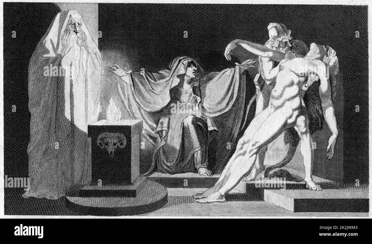 Saúl y la Bruja de Endor. 'Biblia' 1 Samuel 28. Saúl trata de contactar a Samuel muerto a través de la bruja. Ella trae a Samuel 'fuera de la tierra' (Necromancia) cuando él ha prometido que él no dañará su Grabado de 1792 después de Fuseli Foto de stock