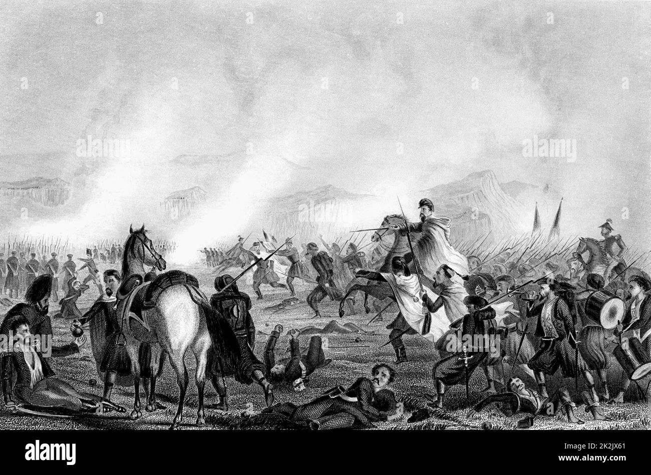 Guerra de Crimea (1853-1856) Zouaves, infantería francesa de origen argelino, acudiendo a la ayuda de las tropas británicas, ayudándoles a rechazar el ataque ruso en Inkerman el 5 de noviembre de 1854. Grabado c1856 Foto de stock