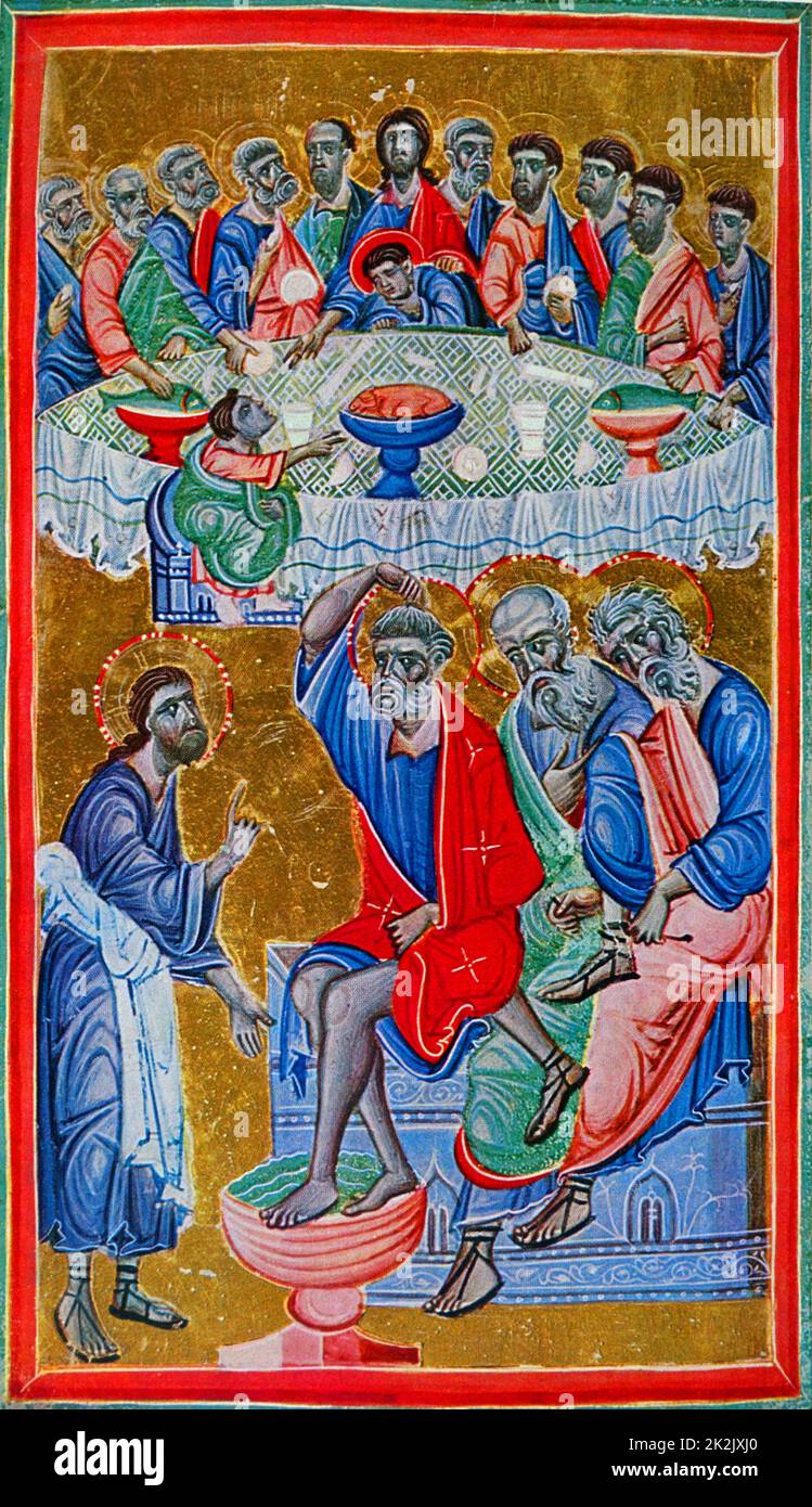 La iluminación que representan la última cena y el lavatorio de los pies. Fecha del siglo XIII. Foto de stock