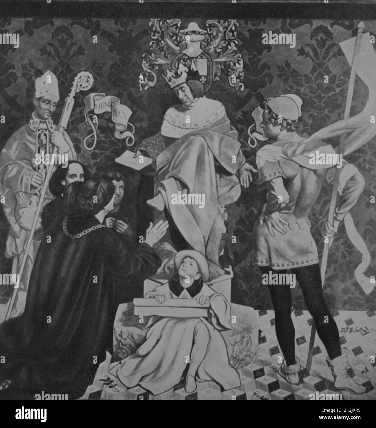 Pintura representando a Enrique VII de Inglaterra (1457-1509) la concesión de John Cabot, un navegante y explorador italiano, una patente. Fecha del siglo XV. Foto de stock
