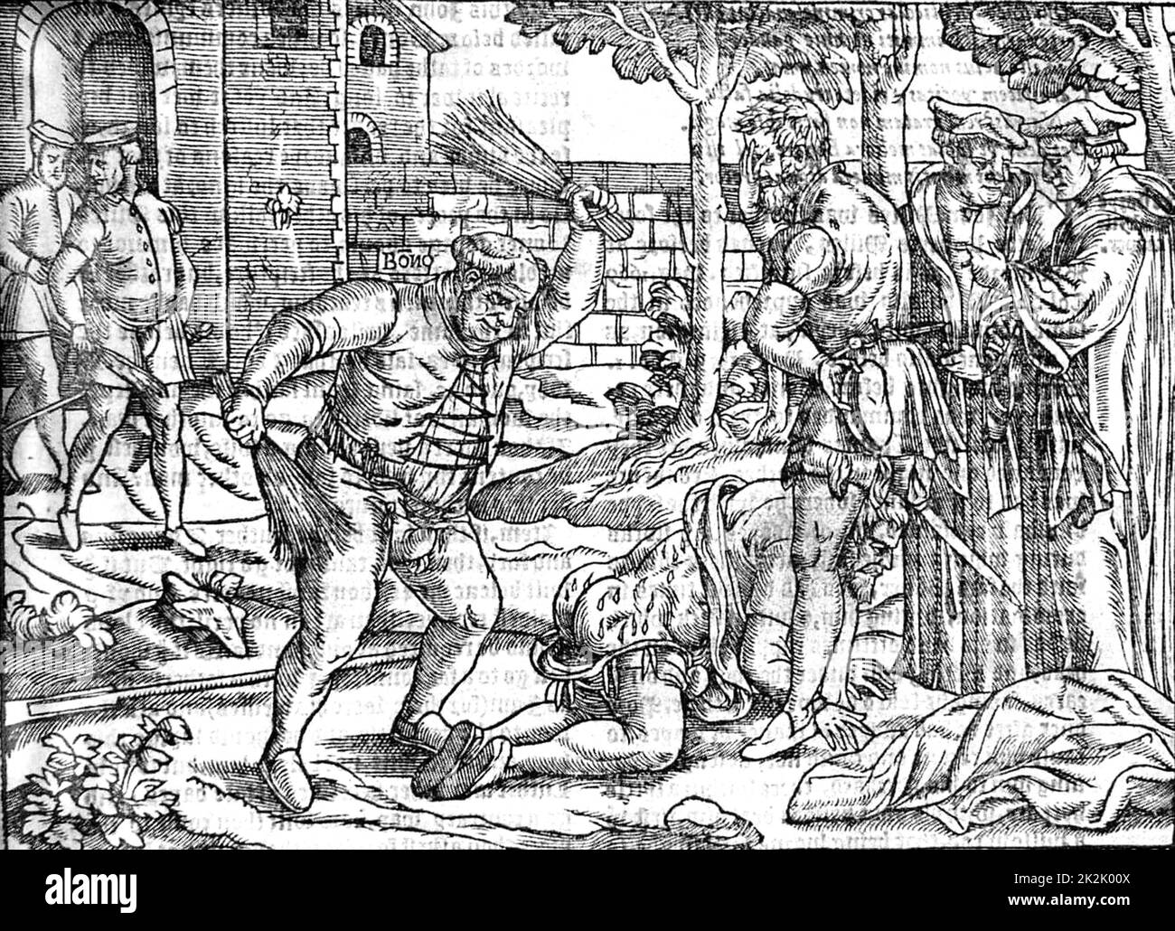 Corte de madera de Bonner castigando a un hereje del libro de los mártires de John Foxe. 1563 Foto de stock