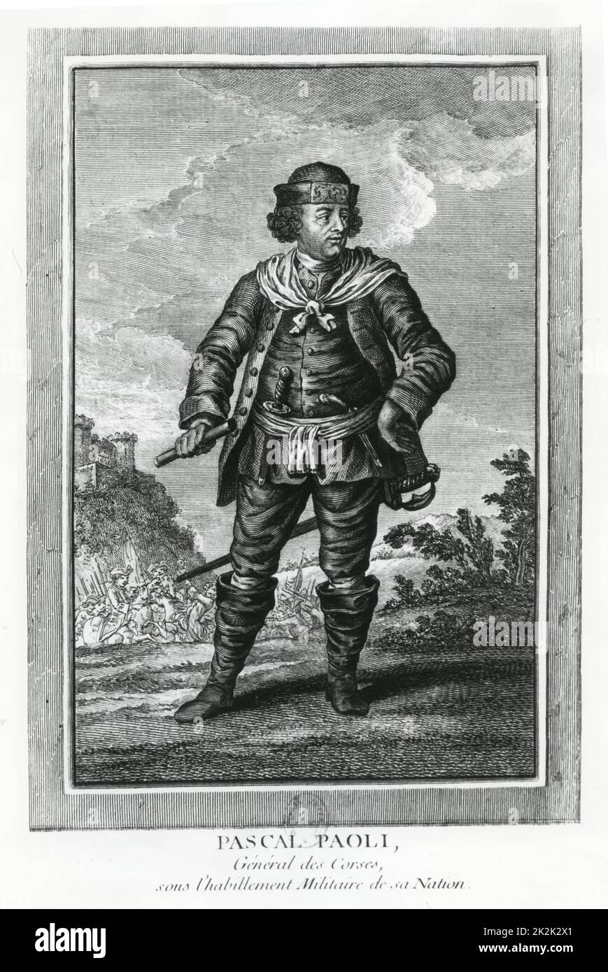 Retrato de Pascal Paoli, general de las corsas, con el uniforme militar usado durante la guerra de independencia corsa. Grabado del siglo 18th Foto de stock