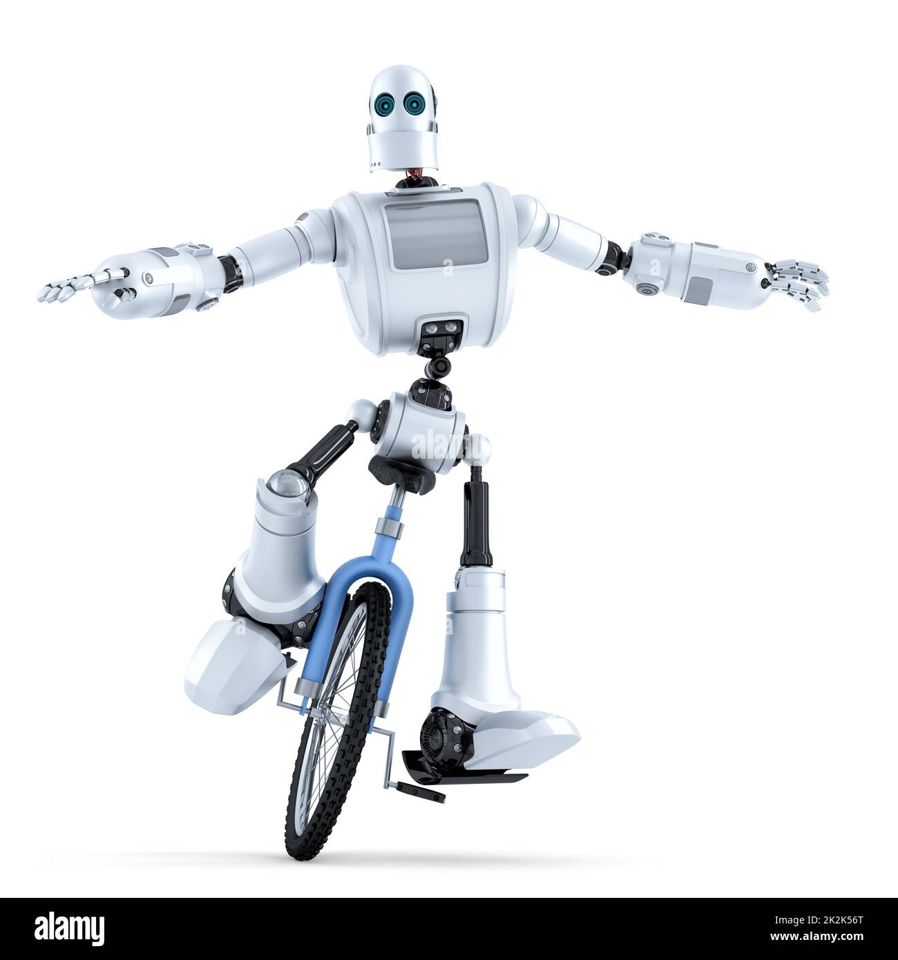 Robot monociclo de equitación. Concepto de tecnología. Aislado sobre blanco. Contiene trazado de recorte Foto de stock