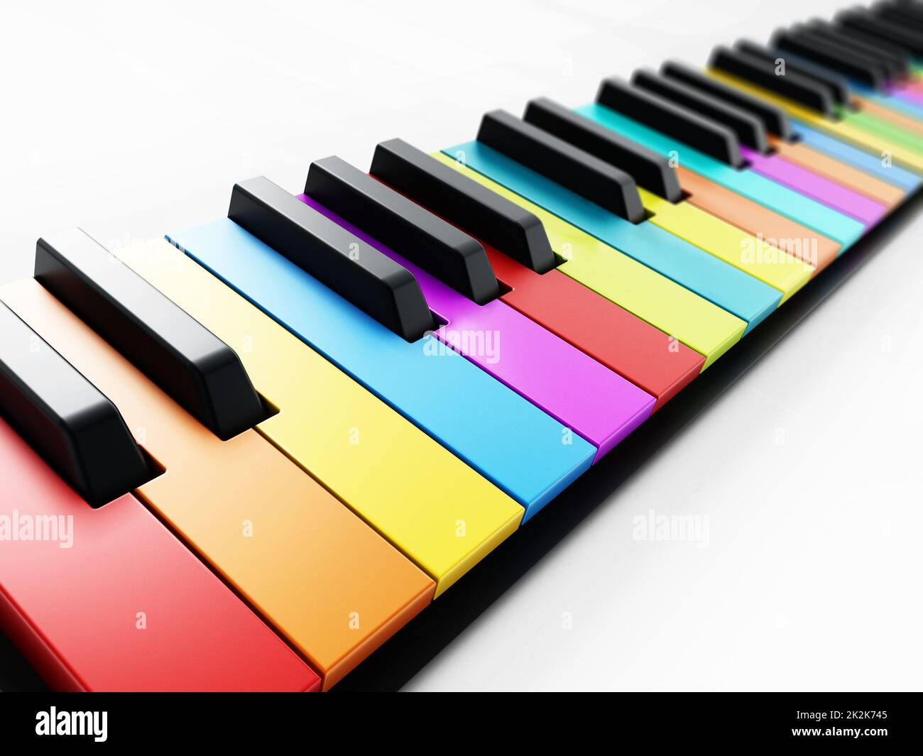 Fondo de teclas de piano de varios colores. Ilustración 3D Foto de stock