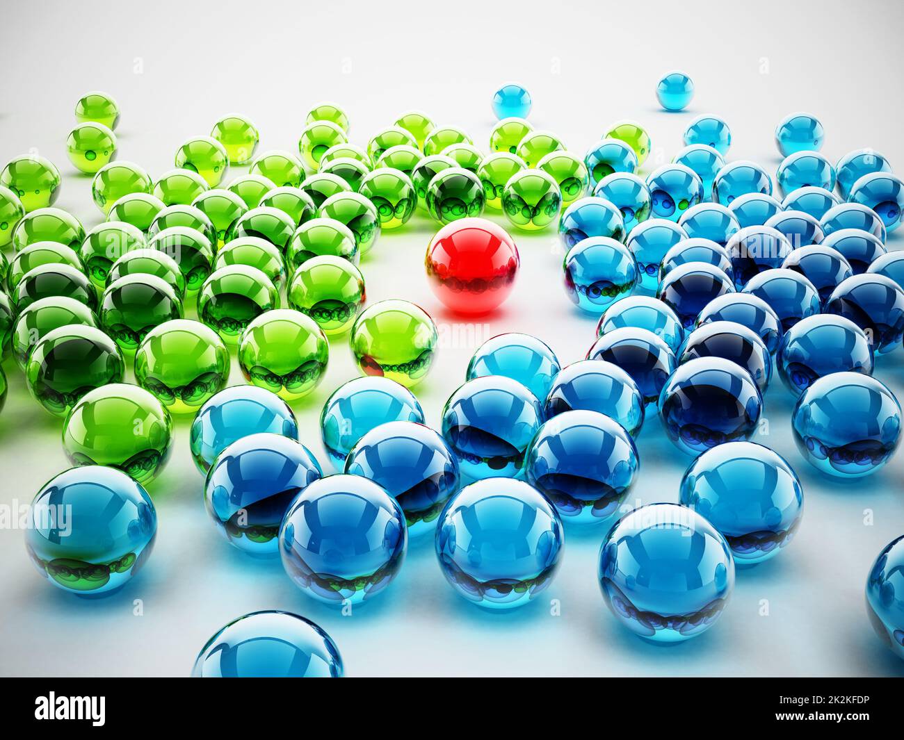 Esfera brillante roja que sobresale entre las esferas verdes y azules. Ilustración 3D Foto de stock