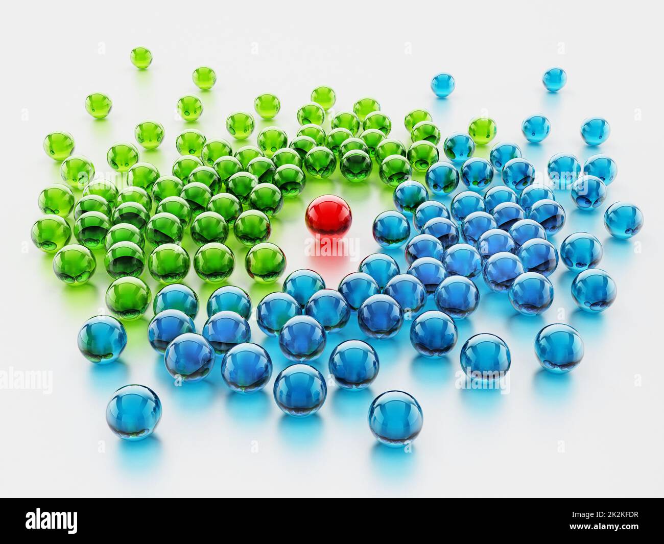 Esfera brillante roja que sobresale entre las esferas verdes y azules. Ilustración 3D Foto de stock