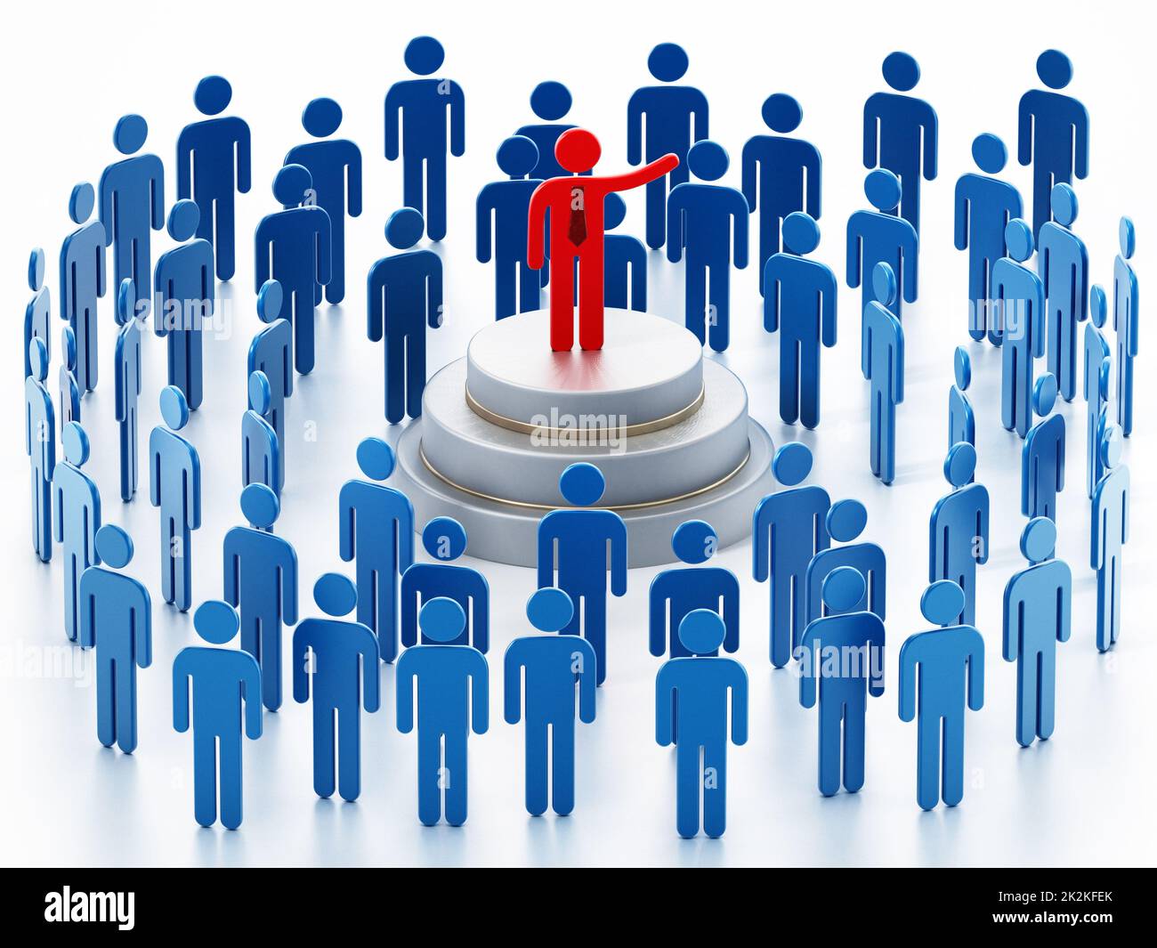 Figura roja de orador público rodeada de figuras azules que dan un discurso Foto de stock