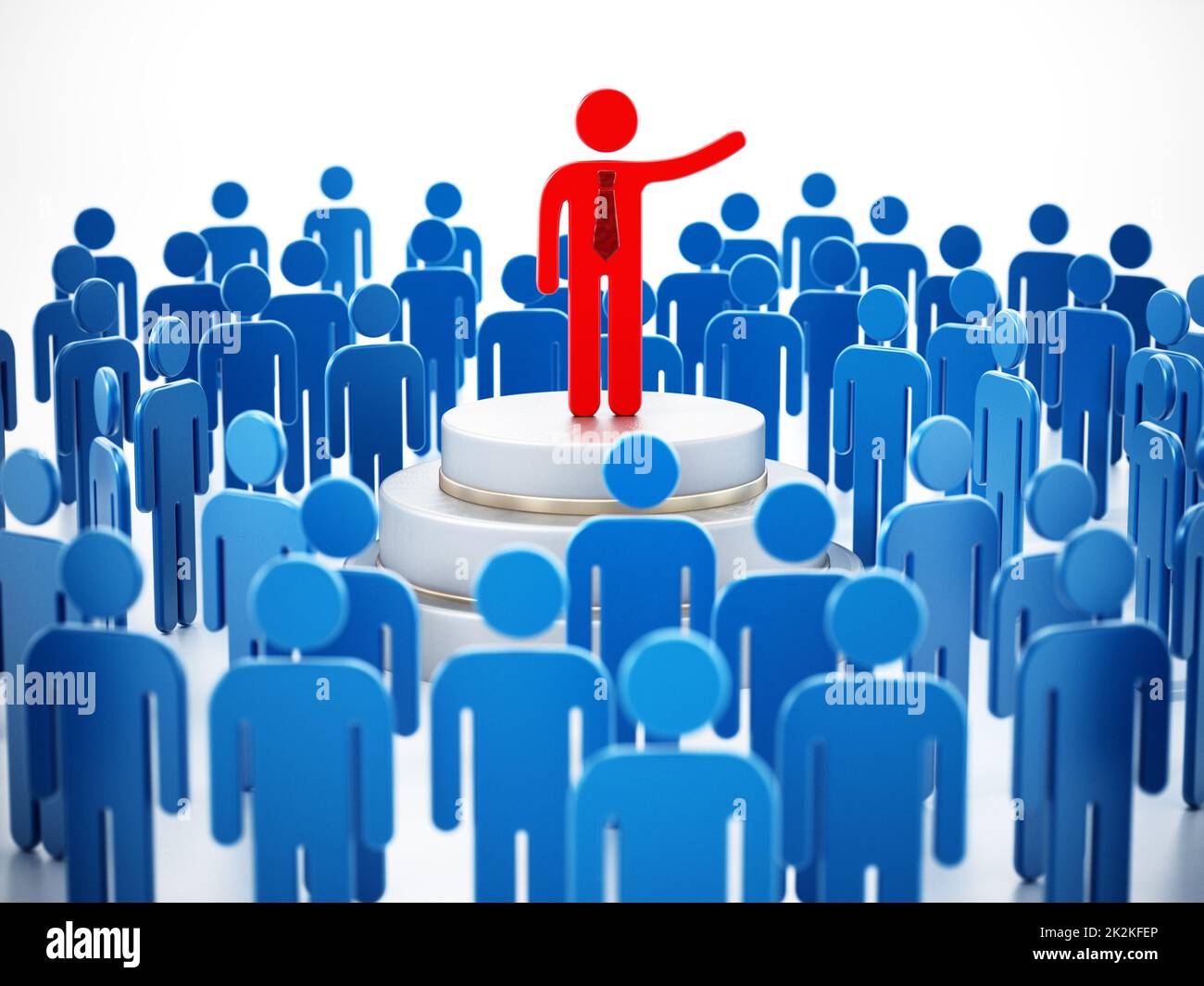 Figura roja de orador público rodeada de figuras azules que dan un discurso Foto de stock