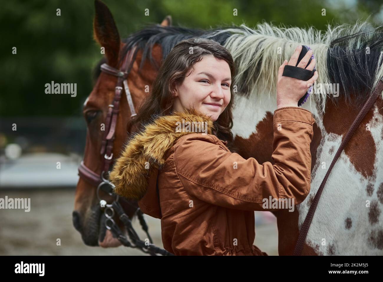 Quien dijo que no puedes comprar felicidad nunca tuvo un pony. Foto de una adolescente cepillando su pelo de ponys en una granja. Foto de stock