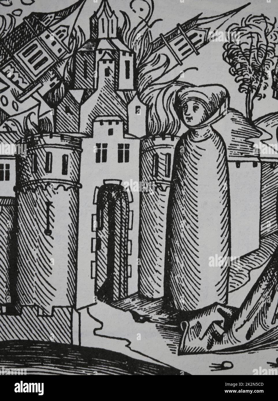 Destrucción de Sodoma y Gomorra. La esposa de Lot por desobedecer a Dios se convierte en un pilar de sal. Crónica de Núremberg, 1493. Foto de stock