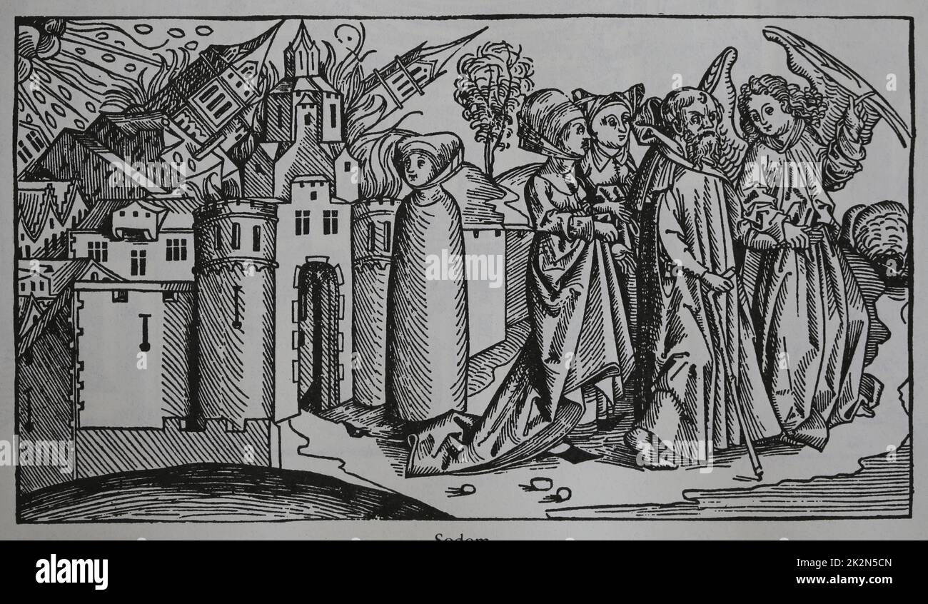 Destrucción de Sodoma. Lot y sus hijas escapan y su esposa se convierte en una columna de sal. Crónica de Núremberg, 1493. Foto de stock