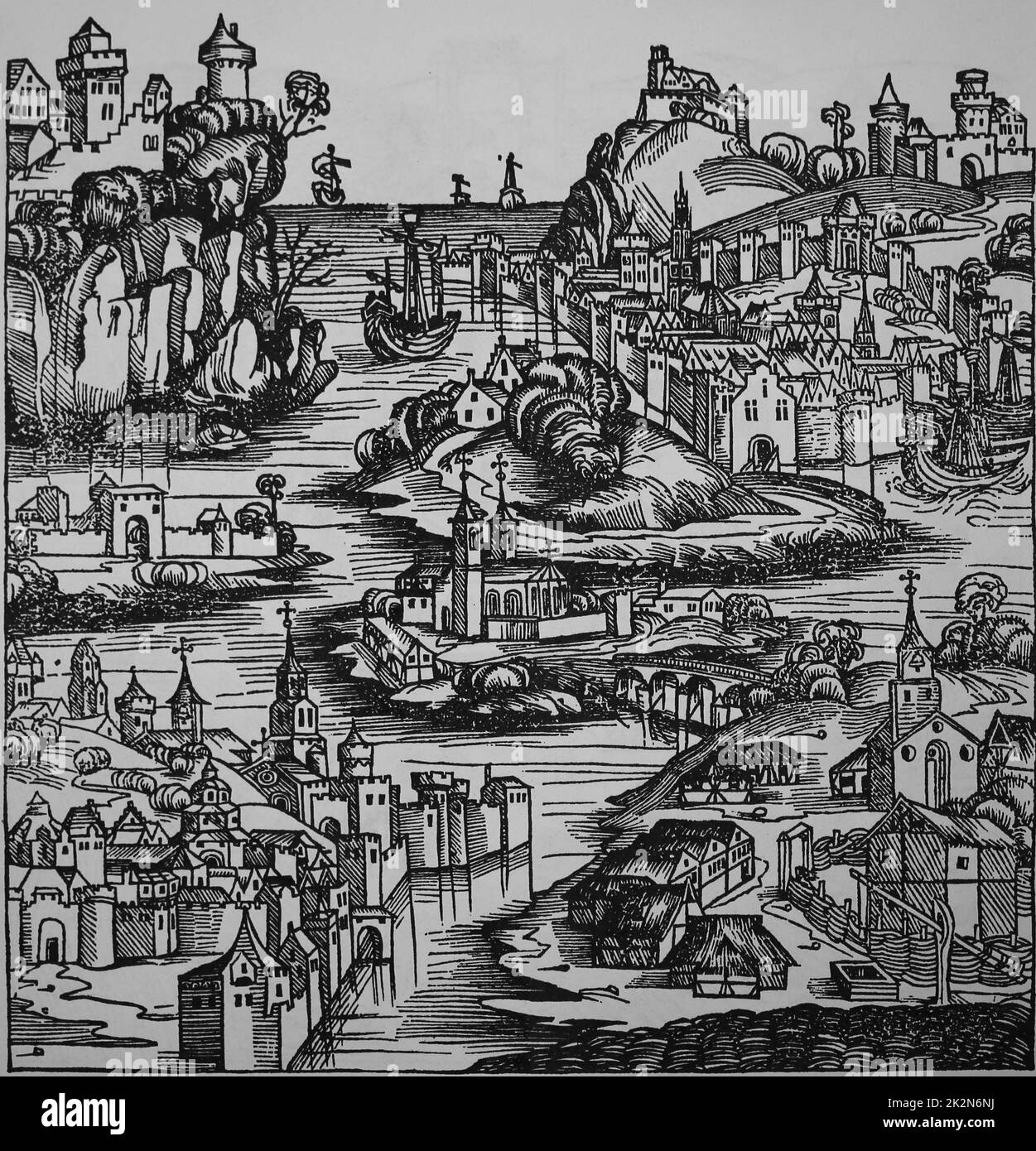 Littaw fue atribuido a 'rey de Polonia'. Paisaje polaco lleno de castillos, pueblos, iglesias y barcos. Liber Chronicarum, 1493. Grabado. Foto de stock