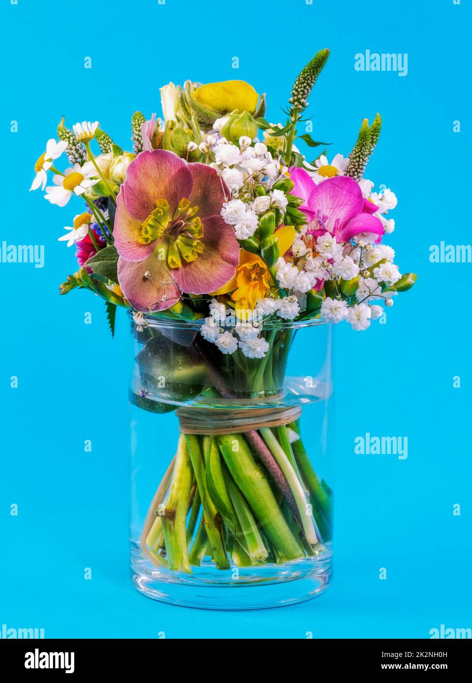Arreglo floral primaveral en un jarrón de cristal Foto de stock