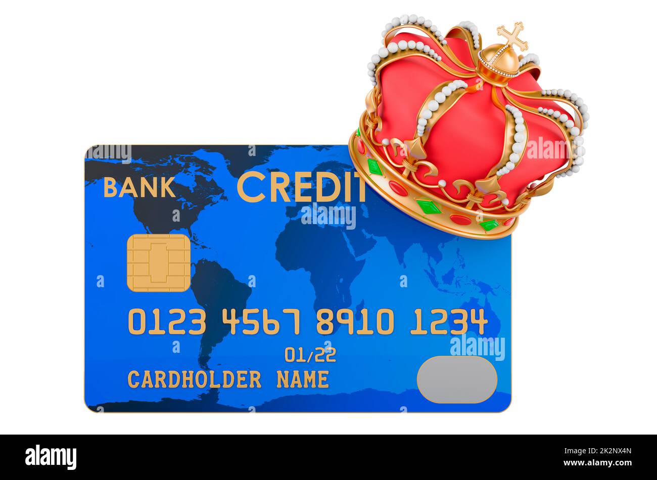 Tarjeta bancaria con corona dorada. Reproducción 3D aislada sobre fondo blanco Foto de stock