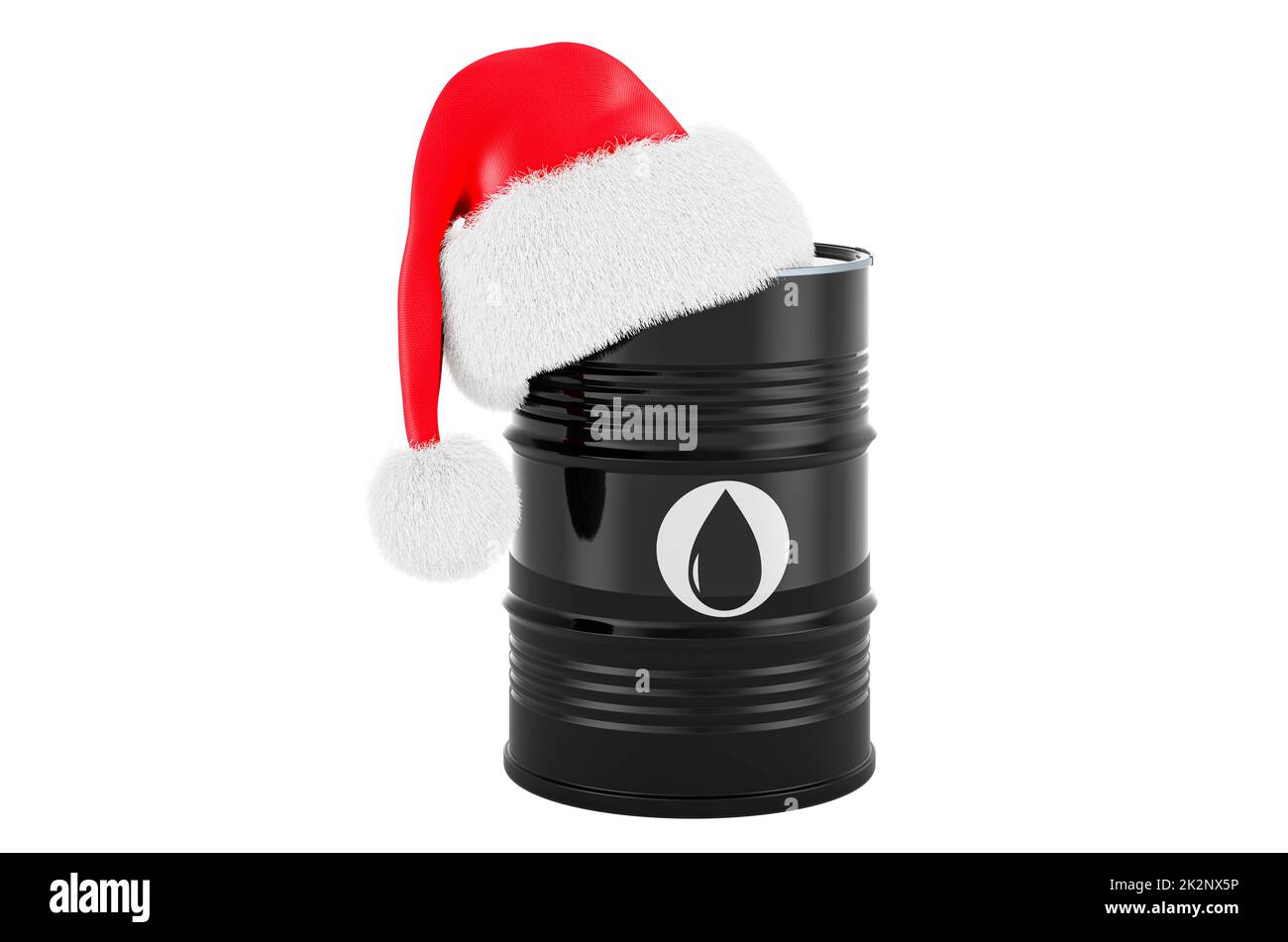 Barril de aceite con sombrero de Santa Claus. Reproducción 3D aislada sobre fondo blanco Foto de stock