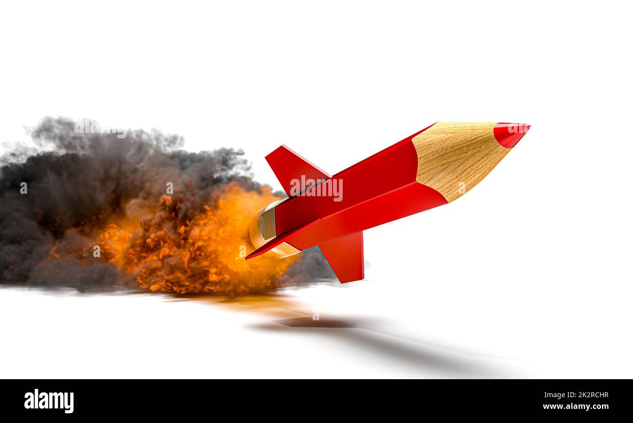 lápiz cohete rojo que toma vuelo. Foto de stock