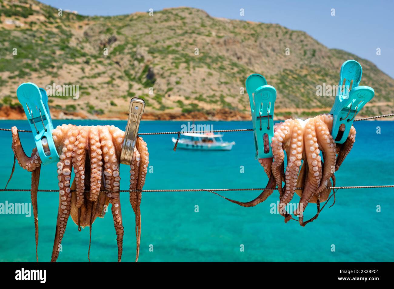 Pulpo fresco secado sobre cuerda al sol con mar Egeo turquesa sobre fondo, isla Creta, Grecia Foto de stock