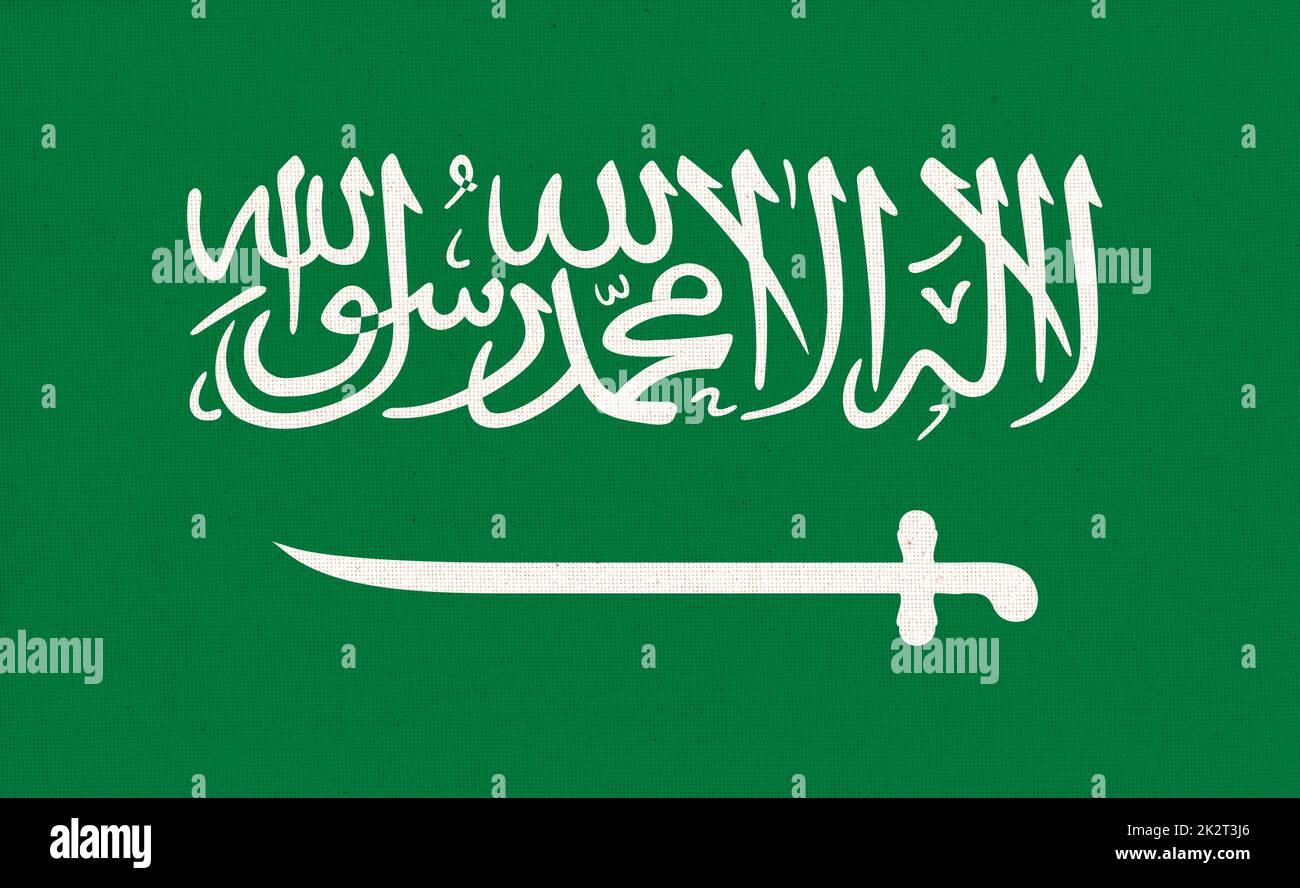 Bandera de Arabia Saudita. Bandera de Arabia Saudita en la superficie de tela. Textura de tela Foto de stock
