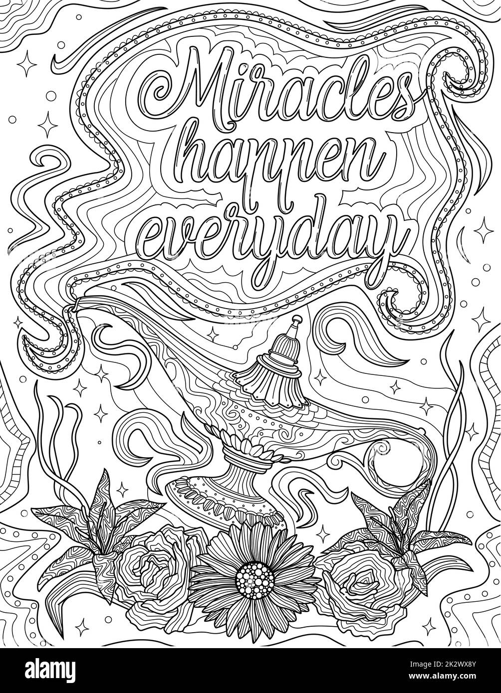 Genie Lamp Stock Drawing Flotando por encima de las flores bajo mensaje inspirador. Dibujo de Línea de Té Pot Sobrando Sobre Jardín Por Debajo Nota de Vibe Positiva. Foto de stock