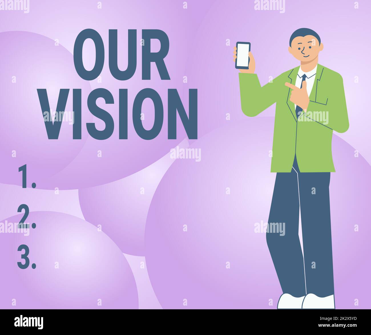 Leyenda conceptual Nuestra Visión. Palabra para el plan para los próximos cinco a diez años acerca de los objetivos de la empresa a ser hecho hombre sosteniendo la pantalla de teléfono móvil que muestra la tecnología futurista. Foto de stock