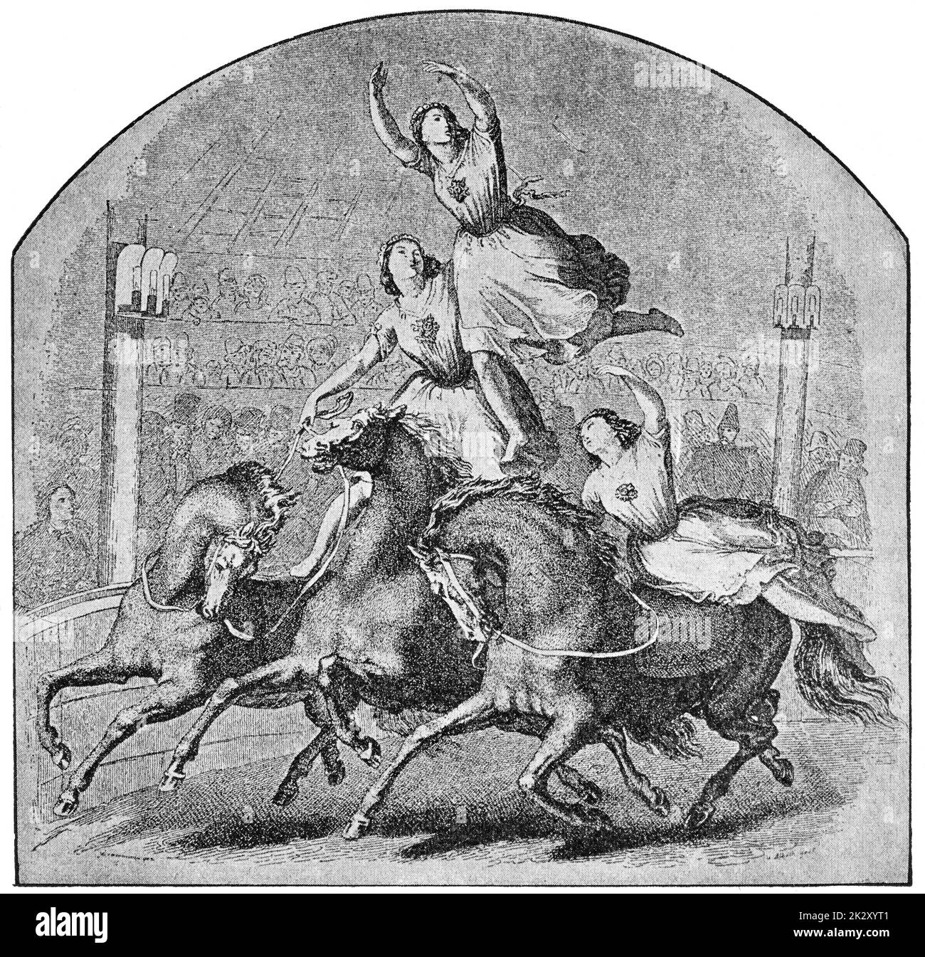 El Cirque Olympique, conocido como el Cirque Franconi (1838) - una compañía de teatro ecuestre. Ilustración del siglo 19. Fondo blanco. Foto de stock