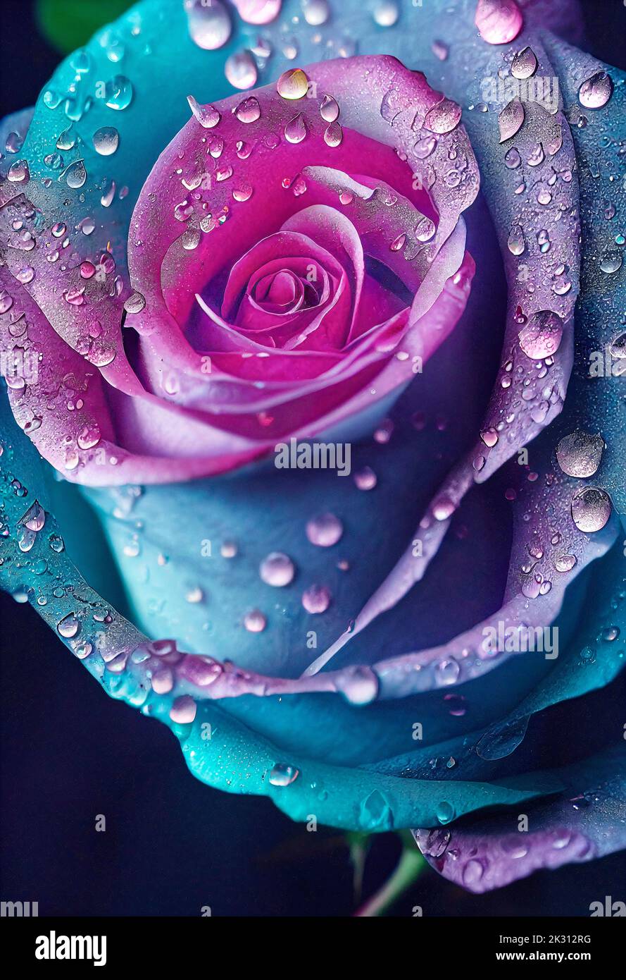 Cabeza de rosa azul y rosa cubierta de gotas de lluvia Foto de stock